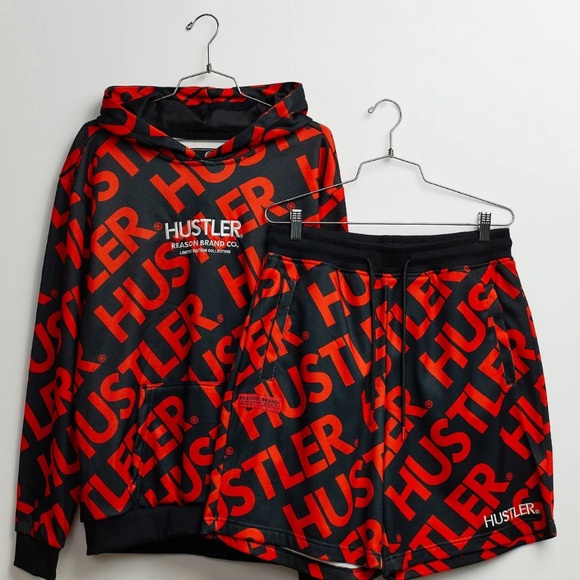 Mens Red/Black Hustler Hoodie and Short Set - Size L - Picture 3 of 12